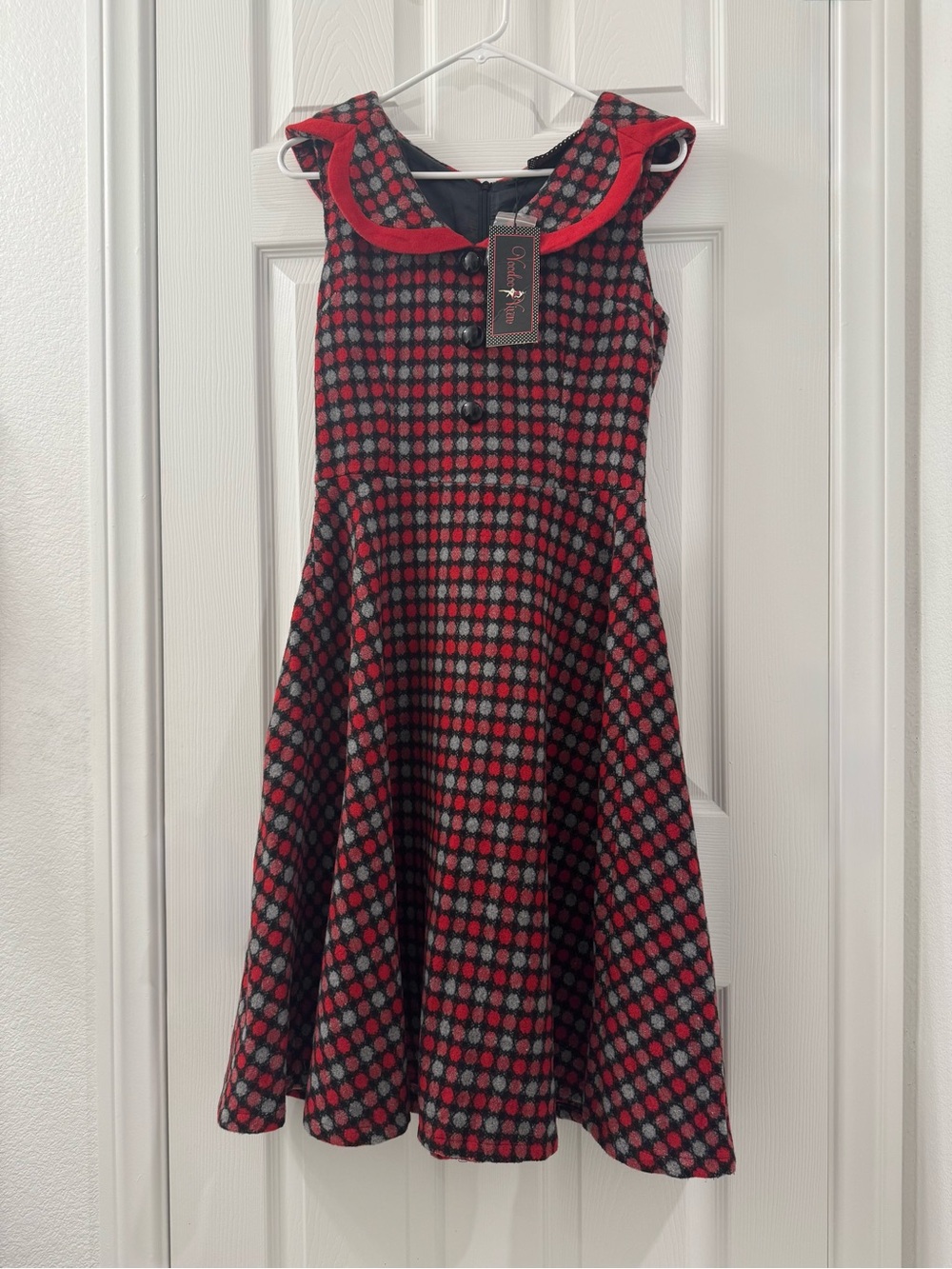 NWT Voodoo Vixen Susie Meow Red Plaid Rockabilly Swing Dress, Size Medium